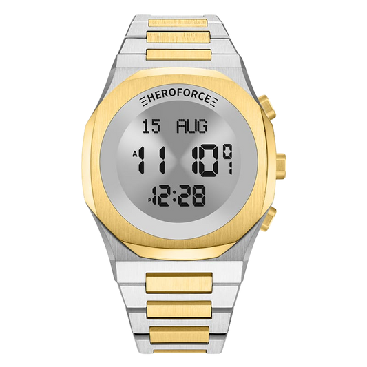 Round digital wristwatch with alternating silver and gold segmented band, gold bezel, and three gold side buttons