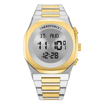 Round digital wristwatch with alternating silver and gold segmented band, gold bezel, and three gold side buttons