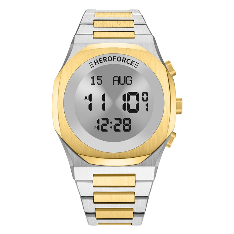 Round digital wristwatch with alternating silver and gold segmented band, gold bezel, and three gold side buttons