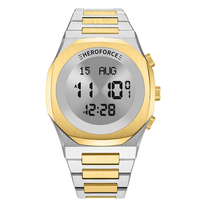 Round digital wristwatch with alternating silver and gold segmented band, gold bezel, and three gold side buttons
