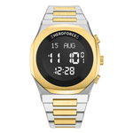 Round digital wristwatch with alternating silver and gold segmented band, black digital face, gold bezel, and three gold side buttons.
