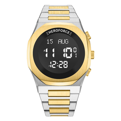 Round digital wristwatch with alternating silver and gold segmented band, black digital face, gold bezel, and three gold side buttons.