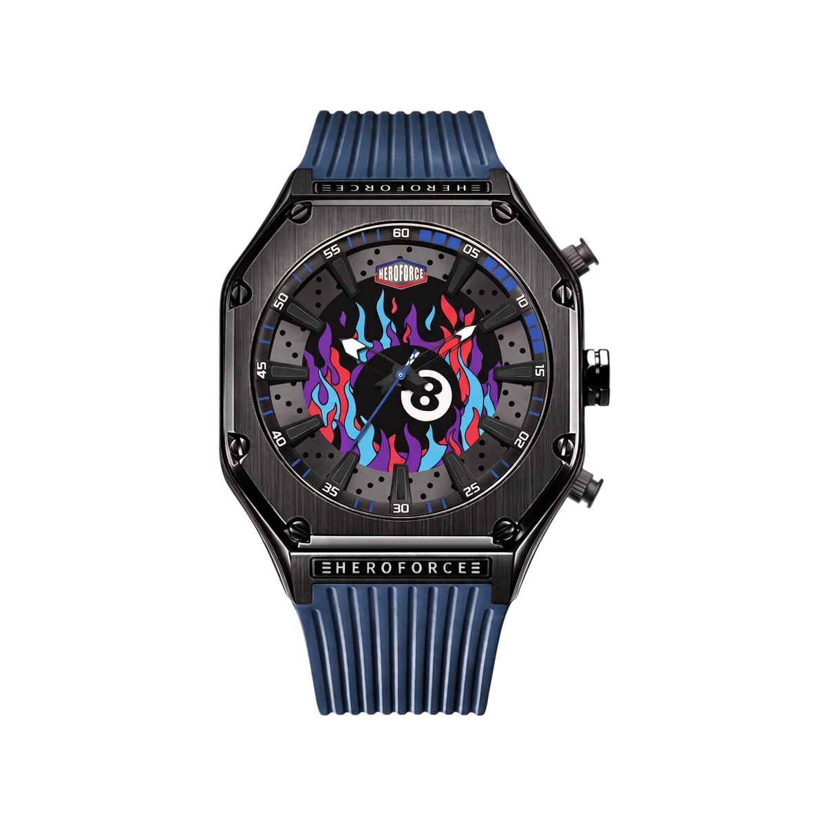 black case, blue flame dial, blue strap