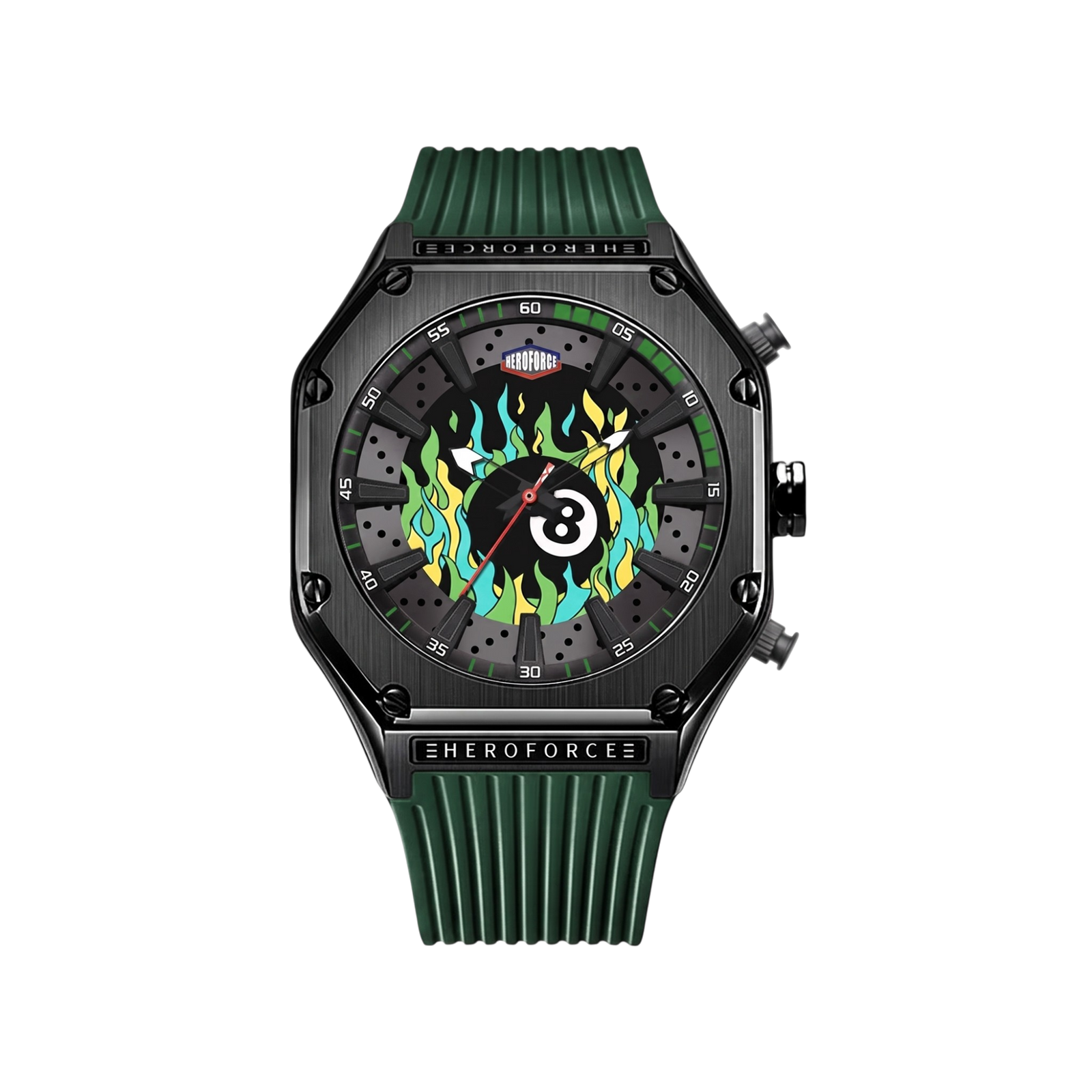 black case, green flame dial, green strap