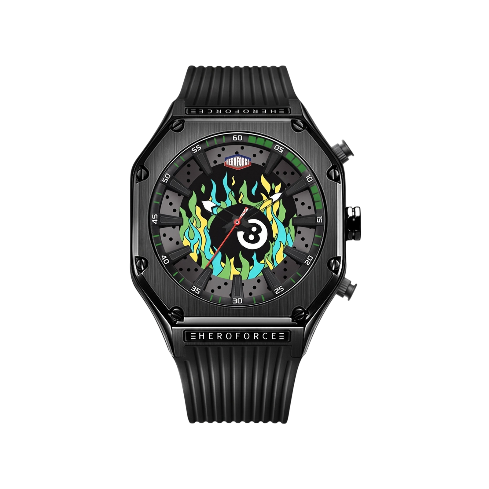 black case, green flame dial