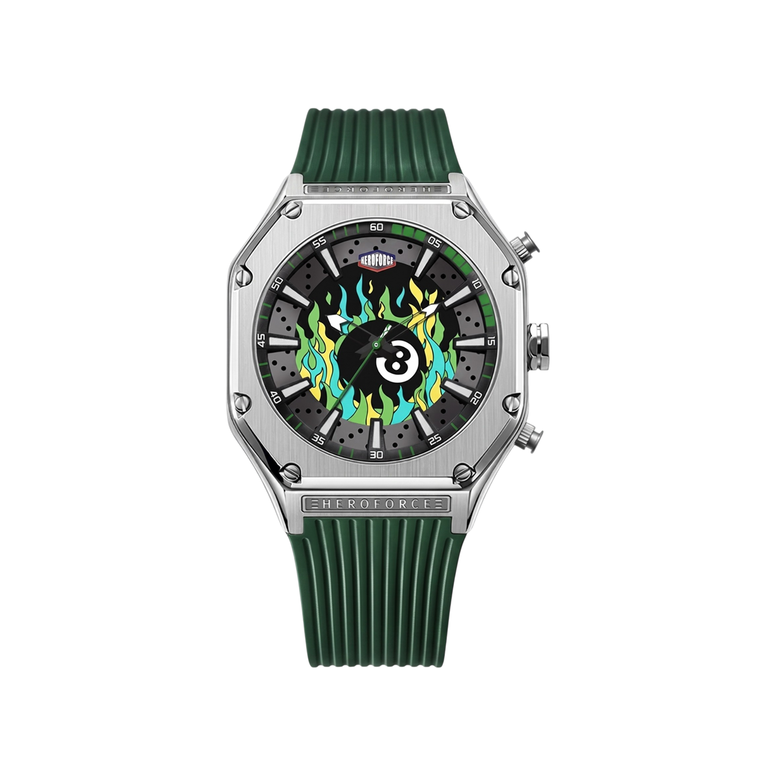 silver case, green flame dial, green strap