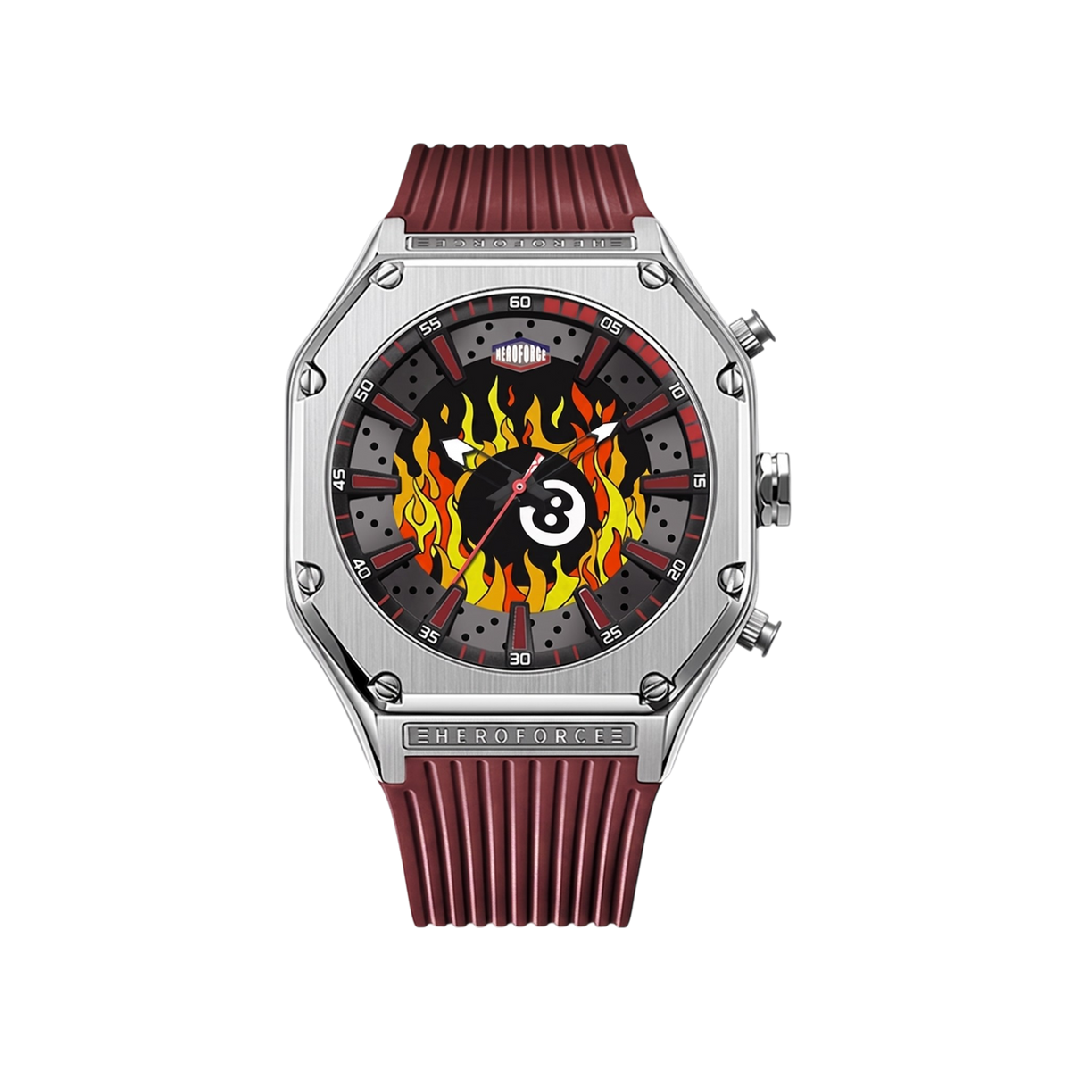 silver case, orange flame dial, red strap