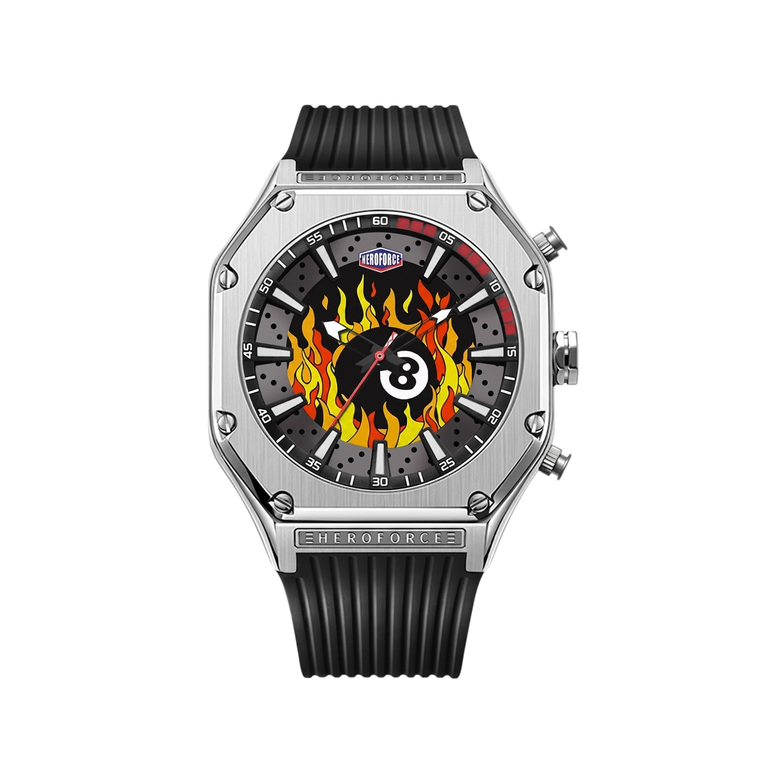 silver case, orange flame dial