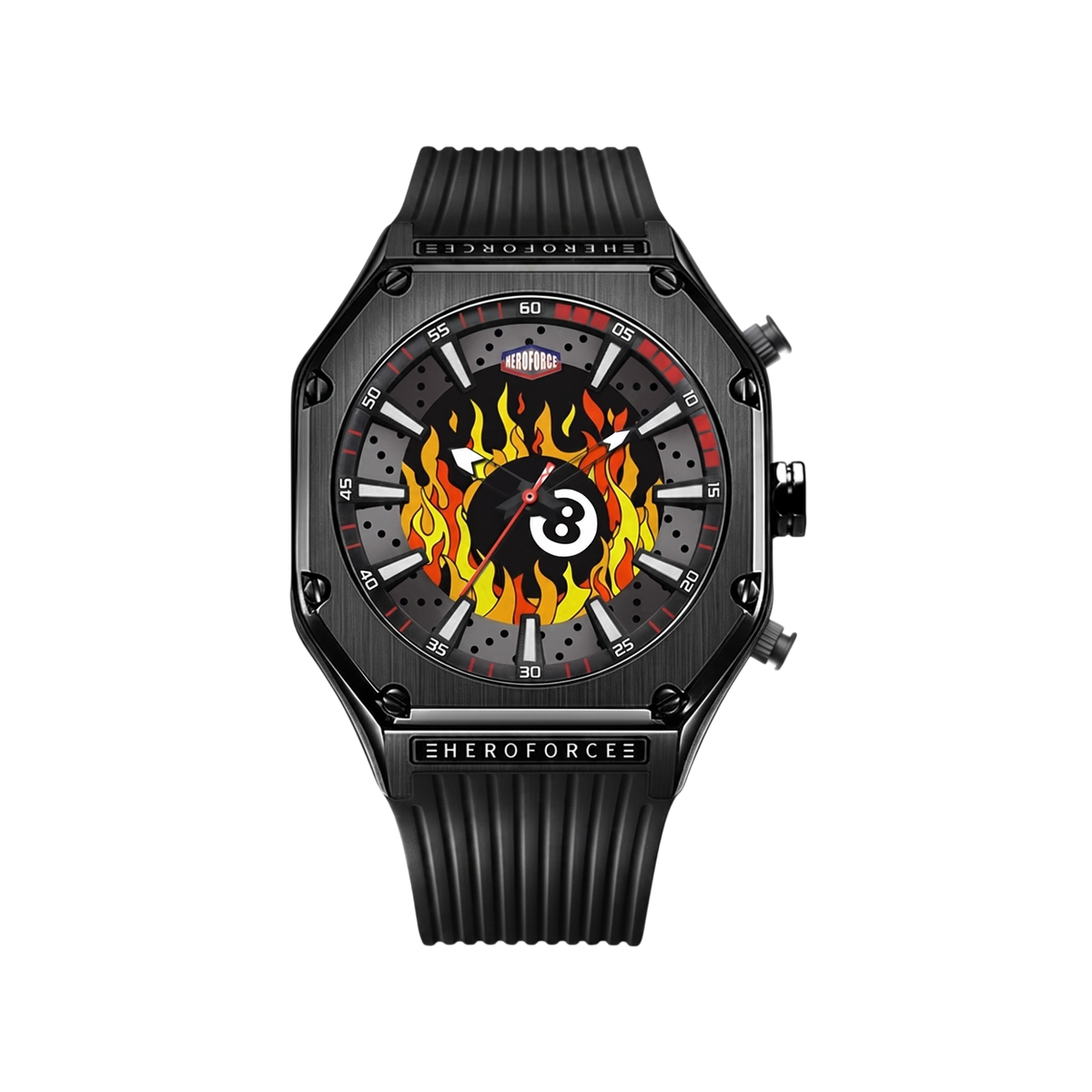 black case, orange flame dial