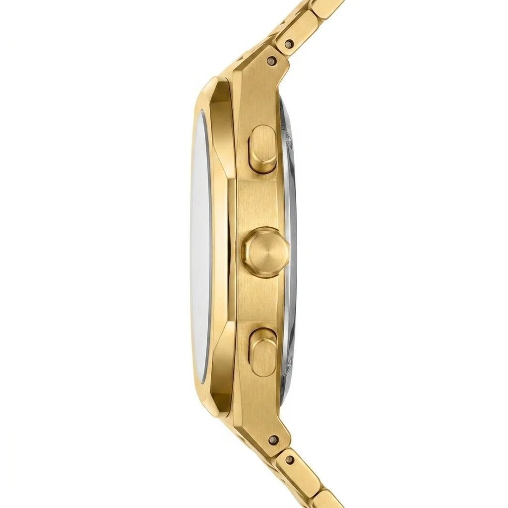 Side profile - Gold digital wristwatch with metallic band, three side buttons, and display