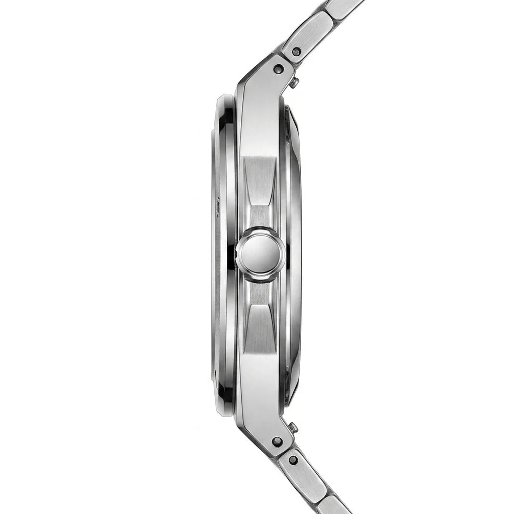 Side profile - Stainless steel wristwatch with a green wave patterned