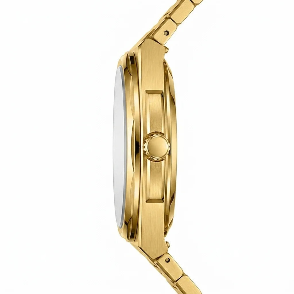 Side profile of Gold-tone stainless steel watch with green textured dial, date display, and integrated bracelet