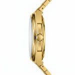 Side profile of Gold-tone stainless steel watch with green textured dial, date display, and integrated bracelet