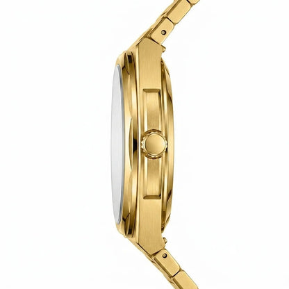 Side profile of Gold-tone stainless steel watch with green textured dial, date display, and integrated bracelet