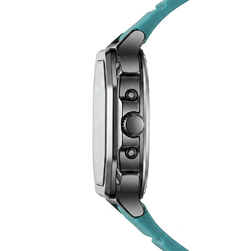 Side profile of Rectangular wristwatch with metallic case, turquoise strap, and geometric analog-digital face with turquoise accents.