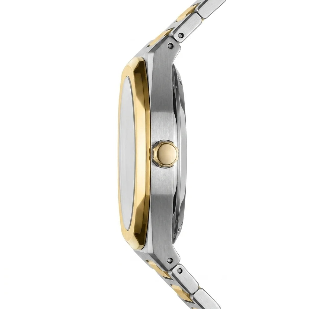 Side profile of Round digital wristwatch with alternating silver and gold segmented band, gold bezel, and three gold side buttons