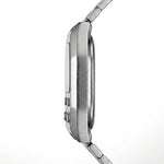 Side profile of Silver digital wristwatch with rectangular face and segmented band, display showing brand “HEROFORCE,”