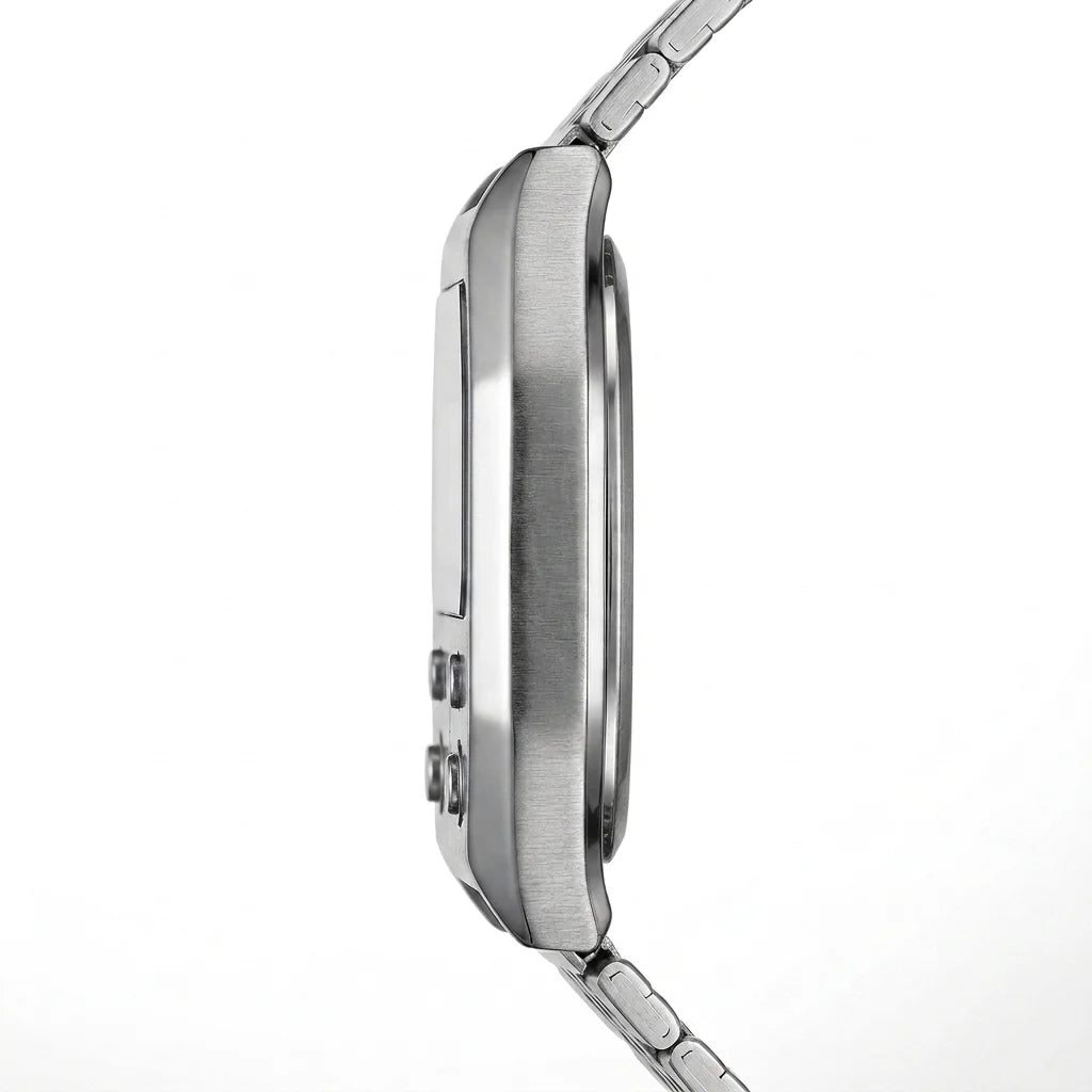 Side profile of Silver digital wristwatch with rectangular face and segmented band, display showing brand “HEROFORCE,”