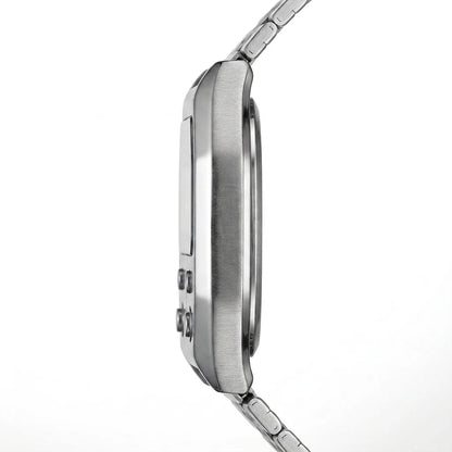 Side profile of Silver digital wristwatch with rectangular face and segmented band, display showing brand “HEROFORCE,”