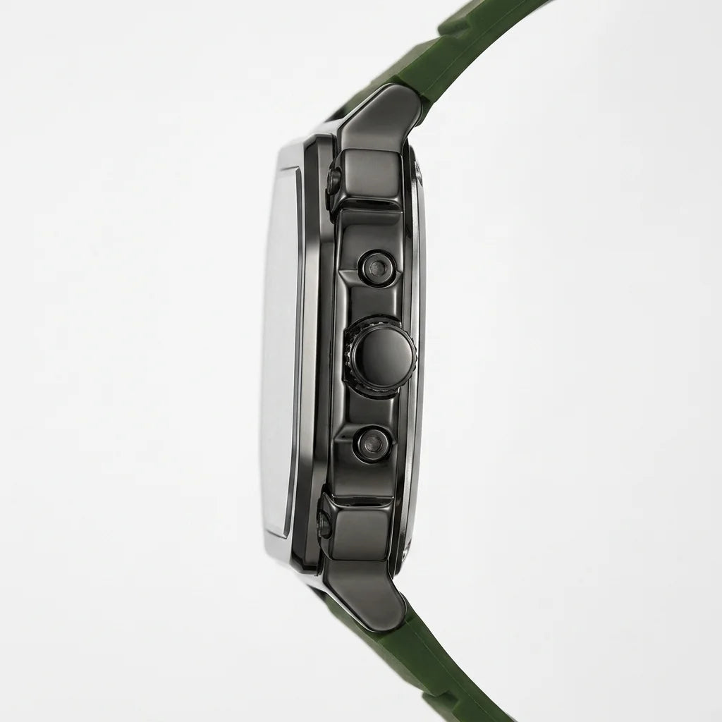 Side profile of a rugged smartwatch with a dark metallic case and an olive green strap, shown against a plain white background.