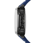 Side profile of a smartwatch with a dark metallic black case and a blue silicone strap on a white background.