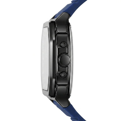 Side profile of a smartwatch with a dark metallic black case and a blue silicone strap on a white background.