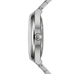 Side profile of a stainless steel analog watch with a brushed metal case and link bracelet on a white background.