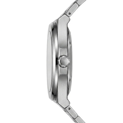 Side profile of a stainless steel analog watch with a brushed metal case and link bracelet on a white background.