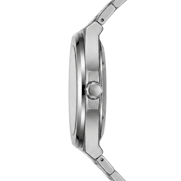 Side profile of a stainless steel analog watch with a brushed metal case and link bracelet on a white background.