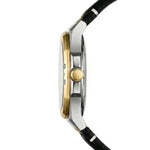 Side profile of a two-tone watch with a silver-toned case, gold-toned bezel and crown, and a black strap on a white background.