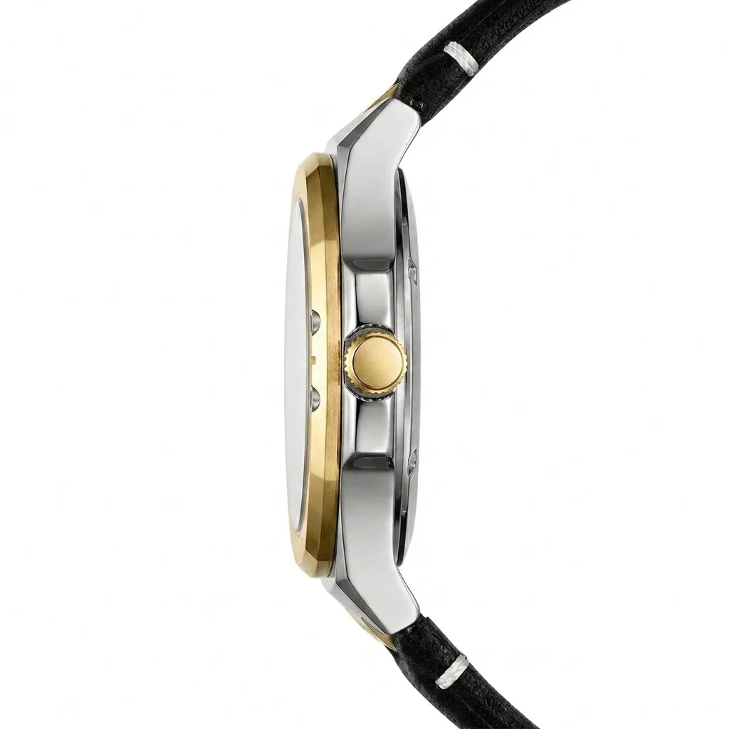 Side profile of a two-tone watch with a silver-toned case, gold-toned bezel and crown, and a black strap on a white background.