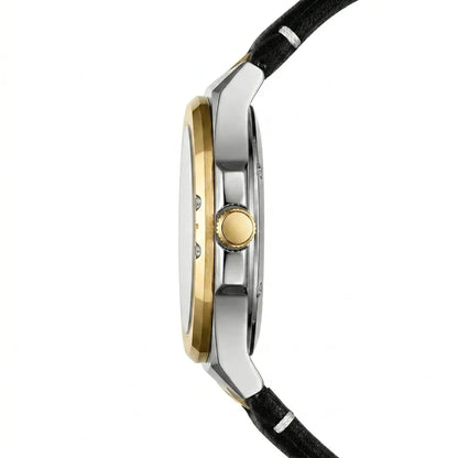 Side profile of a two-tone watch with a silver-toned case, gold-toned bezel and crown, and a black strap on a white background.