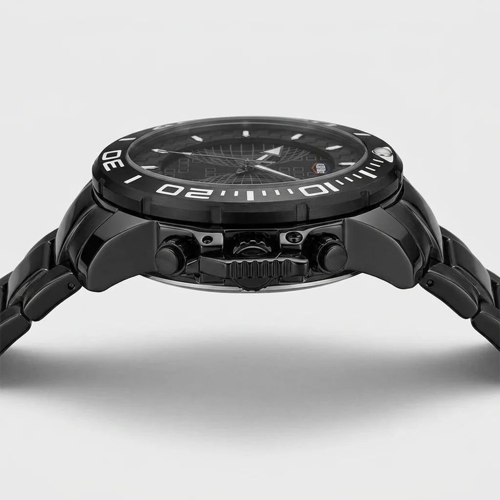 Side profile view of Black stainless steel watch with black geometric dial, oversized bezel, and metal bracelet