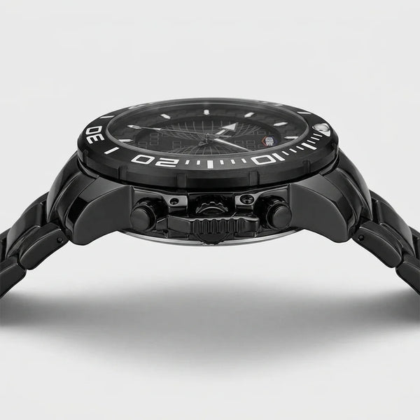 Side profile view of Black stainless steel watch with black geometric dial, oversized bezel, and metal bracelet