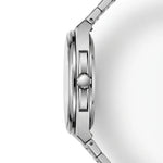 Side profile view of HEROFORCE silver wristwatch with metallic bracelet, deep red textured dial with geometric pattern, silver markers and hands, date window at 28, bold modern design.
