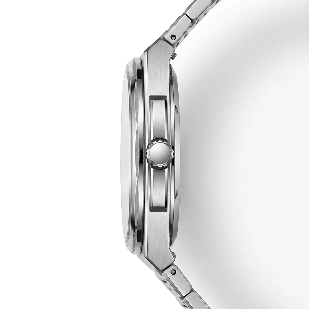 Side profile view of HEROFORCE silver wristwatch with metallic bracelet, deep red textured dial with geometric pattern, silver markers and hands, date window at 28, bold modern design.