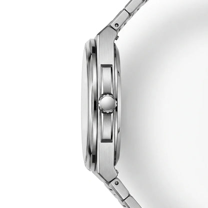 Side profile view of HEROFORCE silver wristwatch with metallic bracelet, deep red textured dial with geometric pattern, silver markers and hands, date window at 28, bold modern design.