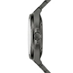 Side profile view of a dark gunmetal gray metal watch with a matching link band, shown against a plain white background.