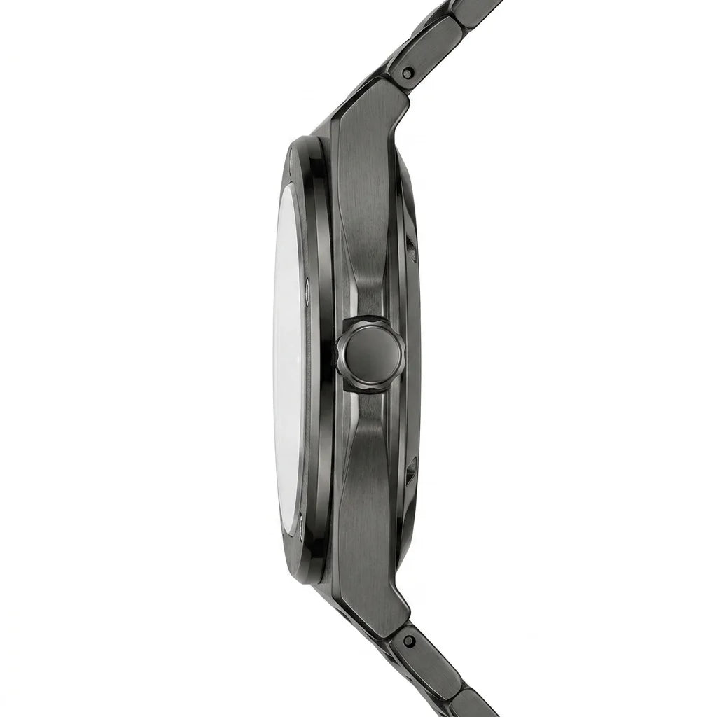Side profile view of a dark gunmetal gray metal watch with a matching link band, shown against a plain white background.