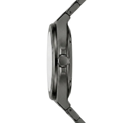 Side profile view of a dark gunmetal gray metal watch with a matching link band, shown against a plain white background.