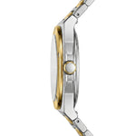 Side profile of a two-tone stainless steel and gold watch with a matching metal link bracelet on a white background.