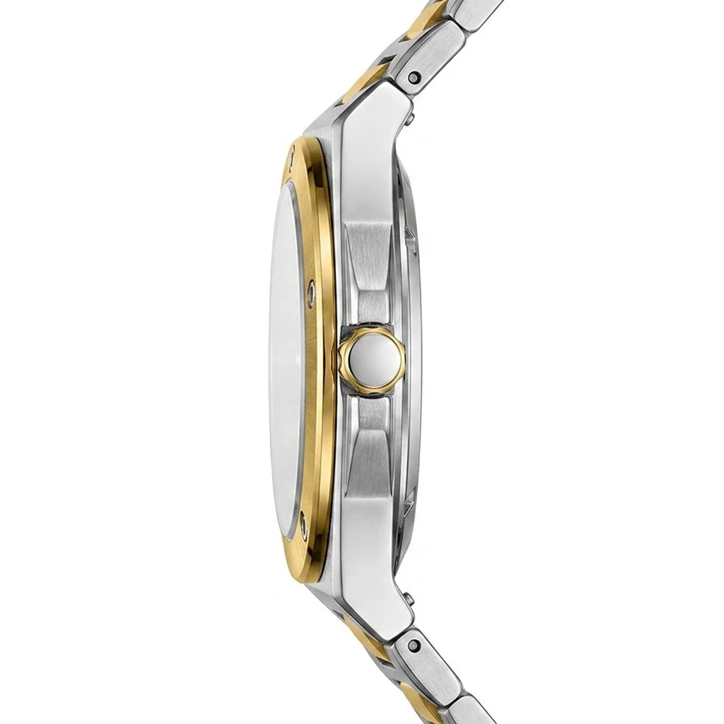 Side profile of a two-tone stainless steel and gold watch with a matching metal link bracelet on a white background.