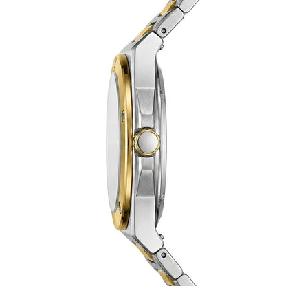 Side profile of a two-tone stainless steel and gold watch with a matching metal link bracelet on a white background.