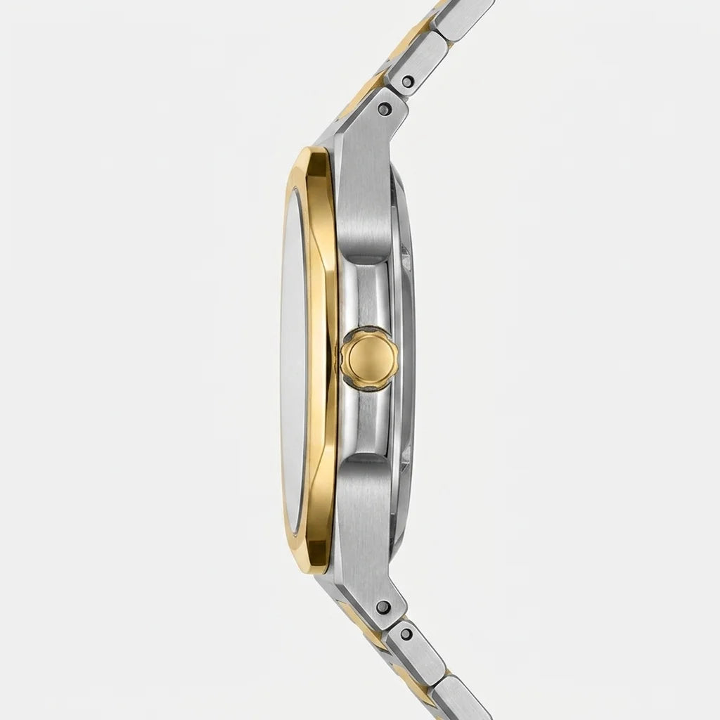 Side view - Silver and Gold Stainless Steel Watch with Black Dial and Small Seconds