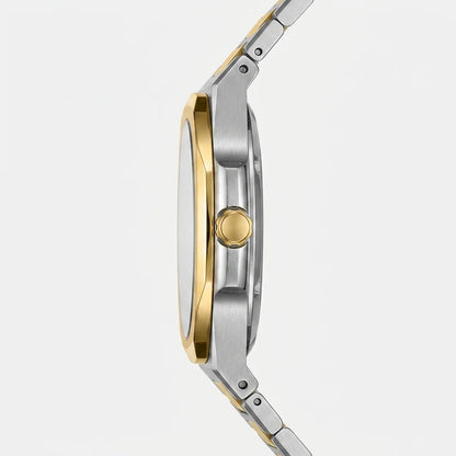 Side view - Silver and Gold Stainless Steel Watch with Black Dial and Small Seconds