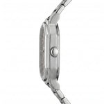 Side view - Silver wristwatch with octagonal rectangular case, metallic bracelet, gray textured dial, silver markers, and date window