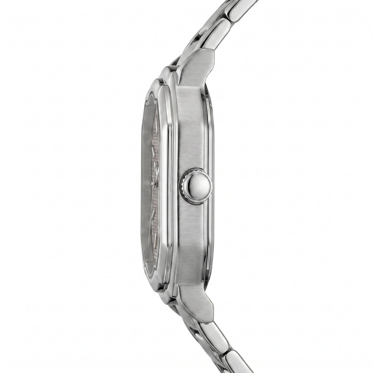 Side view - Silver wristwatch with octagonal rectangular case, metallic bracelet, gray textured dial, silver markers, and date window