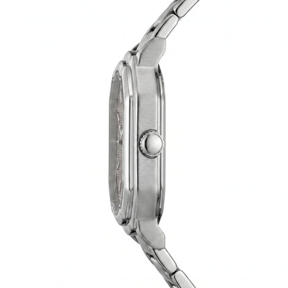 Side view - Silver wristwatch with octagonal rectangular case, metallic bracelet, gray textured dial, silver markers, and date window