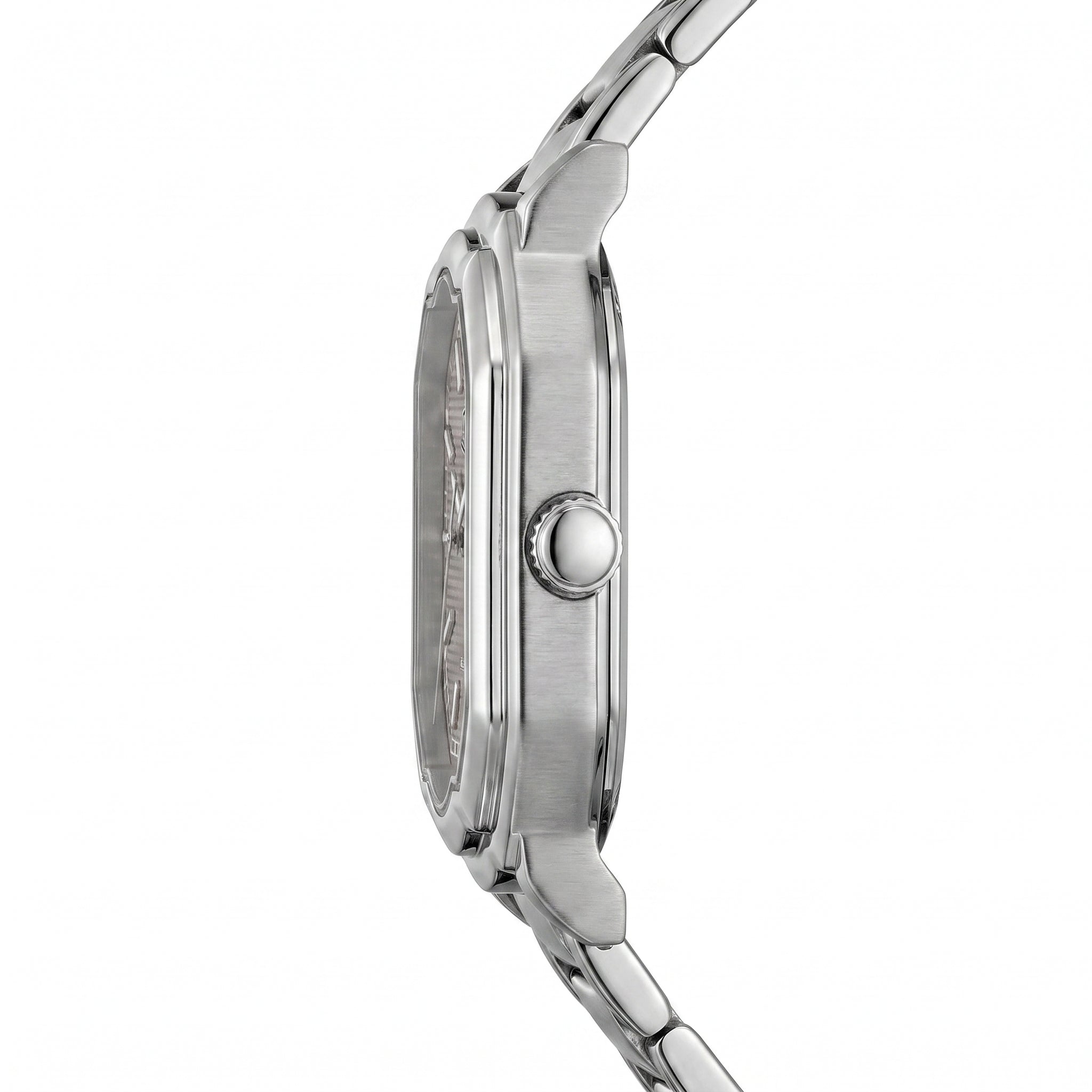 Side view - Silver wristwatch with octagonal rectangular case, metallic bracelet, gray textured dial, silver markers, and date window