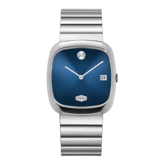 silver watch blue dial